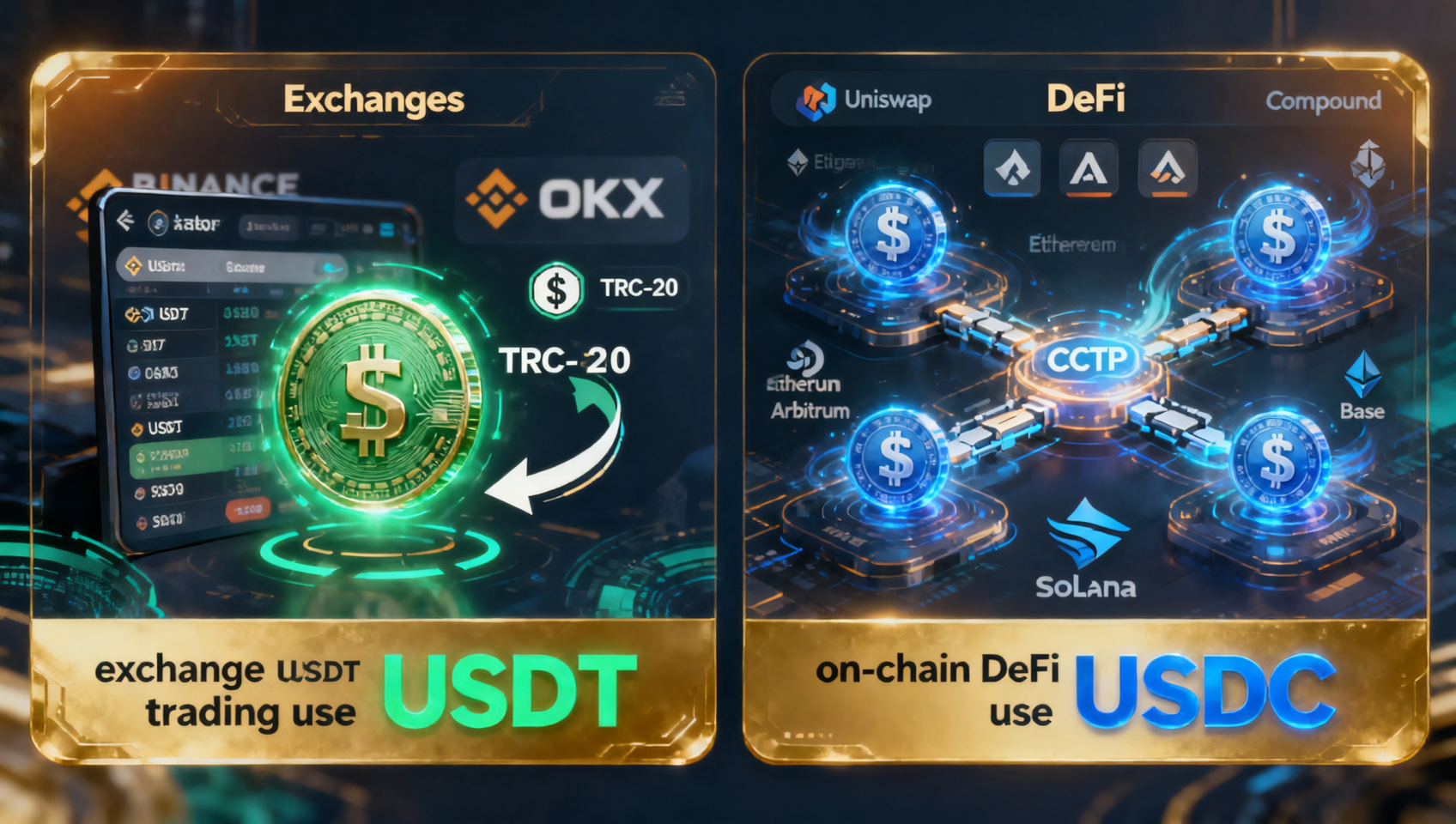 USDT vs USDC 使用场景选择指南——交易所交易用USDT，链上DeFi用USDC