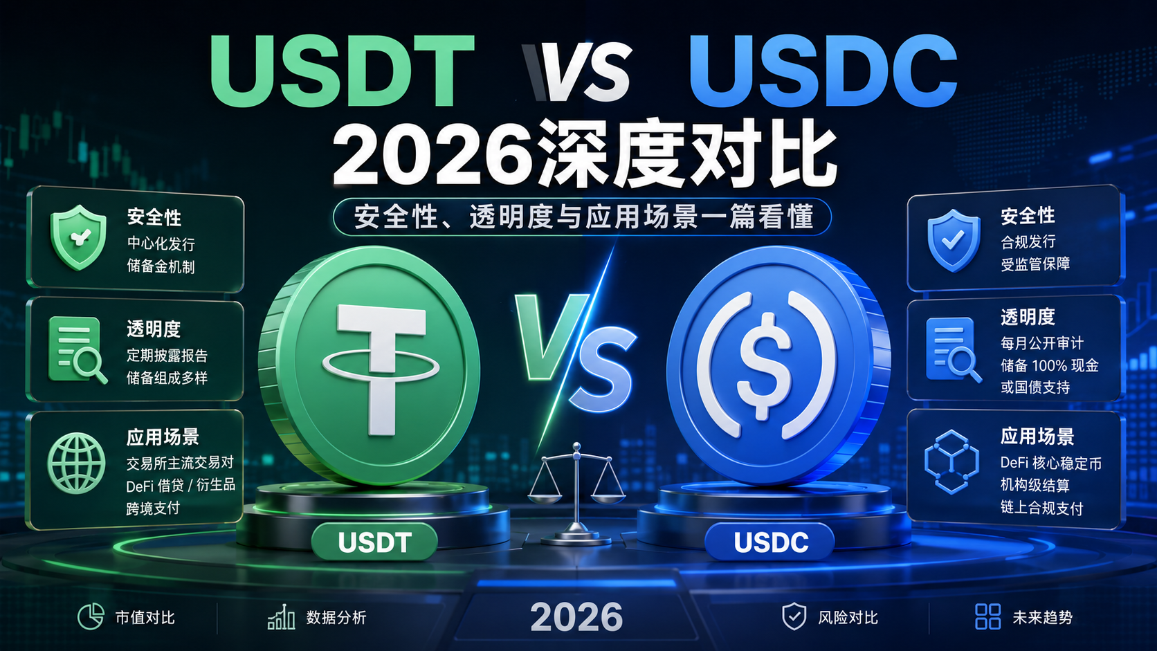 2026年USDT vs USDC深度对比封面——Tether与Circle两大稳定币发行商对比，储备金透明度、监管合规、链上生态全方位分析