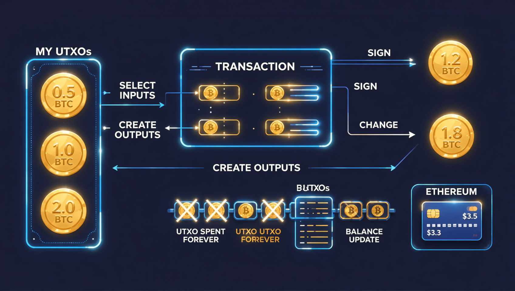 UTXO模型与账户模型交易生命周期对比图：比特币UTXO交易通过选择输入、签名、创建输出与找零完成记账，以太坊账户交易直接更新余额并递增nonce，深色科技风信息图