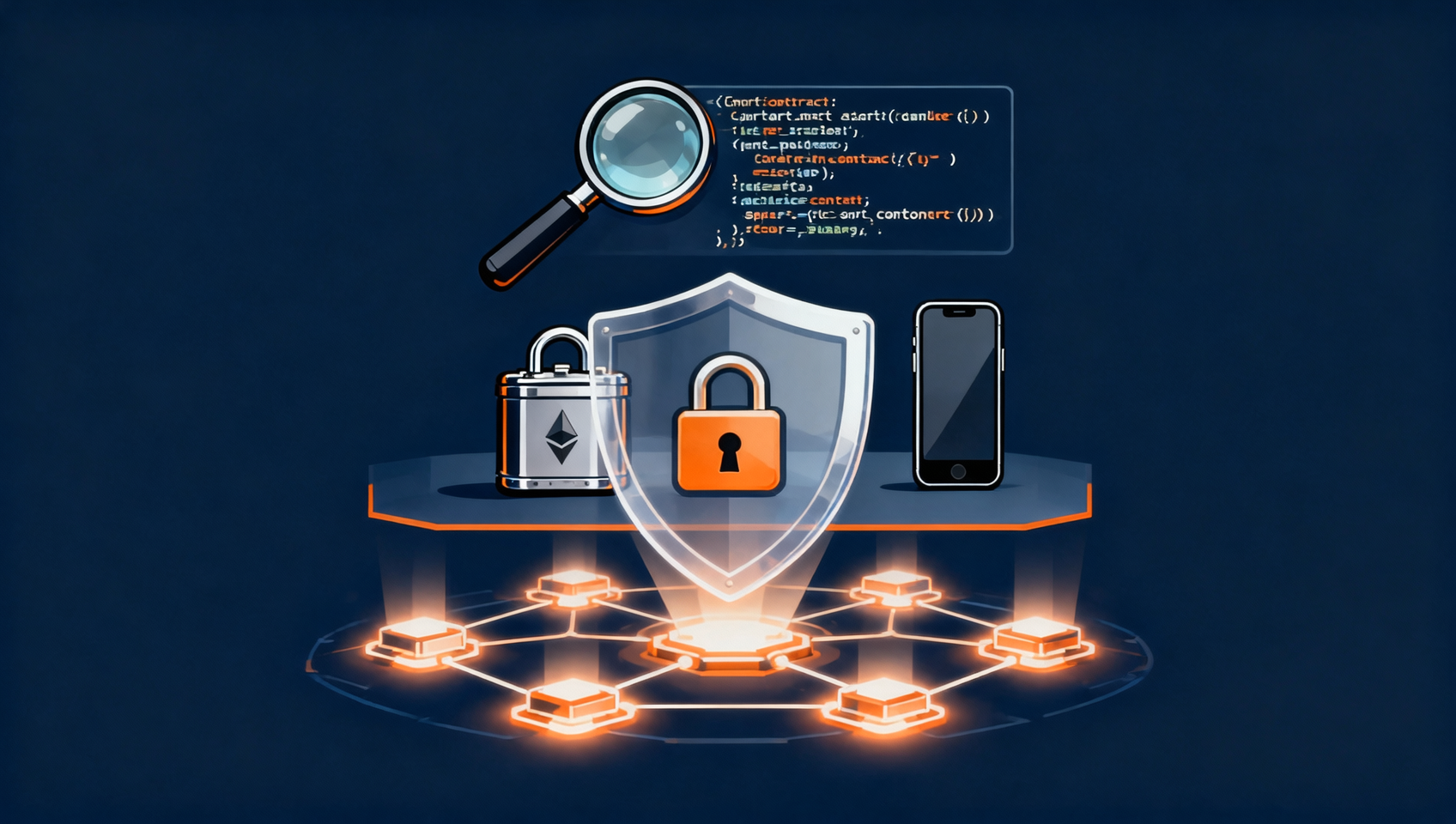 Web3 Security concept 2026 — layered defense protecting crypto assets: hardware wallet shield, smart contract audit report, anti-phishing guard, and blockchain security layers. Professional cybersecurity illustration.