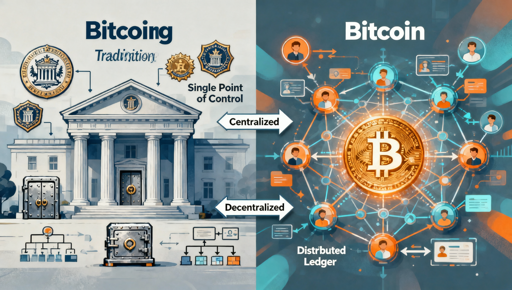 传统金融 vs 比特币对比示意图，展示去中心化支付的优势