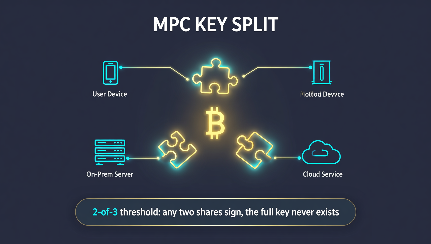 MPC 钱包密钥分片原理图：一把发光的私钥在中间被拆成三块密钥碎片，分别指向手机、服务器、云端三个节点，下方标注「2-of-3 门限：任意两份即可签名，完整私钥从未存在」，深色科技风